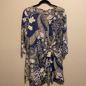 Trisha Tyler Blue & Green Floral Vine Print Knot Tie Blouse